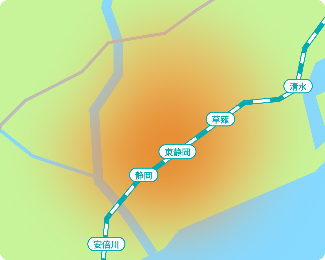 サービス提供エリア図(静岡市内:安倍川・静岡・東静岡・草薙・清水エリア)